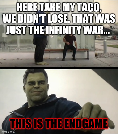 Hulk gives Antman taco | HERE TAKE MY TACO, WE DIDN'T LOSE. THAT WAS JUST THE INFINITY WAR... THIS IS THE ENDGAME | image tagged in hulk gives antman taco | made w/ Imgflip meme maker