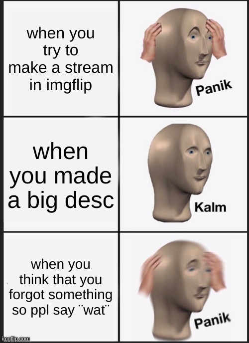 Panik Kalm Panik Meme | when you try to make a stream in imgflip; when you made a big desc; when you think that you forgot something so ppl say ¨wat¨ | image tagged in memes,panik kalm panik | made w/ Imgflip meme maker