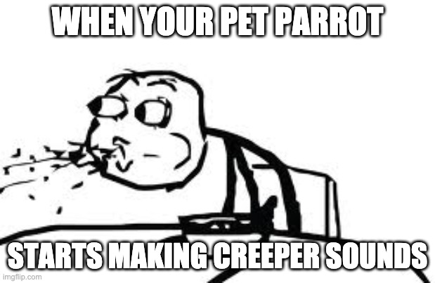 Cereal Guy Spitting |  WHEN YOUR PET PARROT; STARTS MAKING CREEPER SOUNDS | image tagged in memes,cereal guy spitting | made w/ Imgflip meme maker