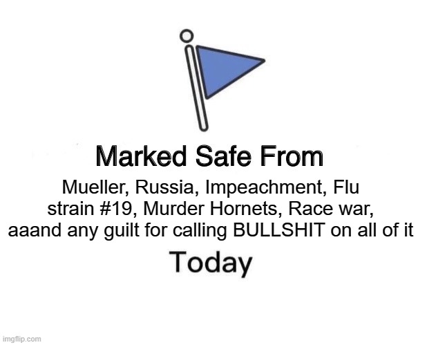 Marked Safe From | Mueller, Russia, Impeachment, Flu strain #19, Murder Hornets, Race war, aaand any guilt for calling BULLSHIT on all of it | image tagged in memes,marked safe from | made w/ Imgflip meme maker