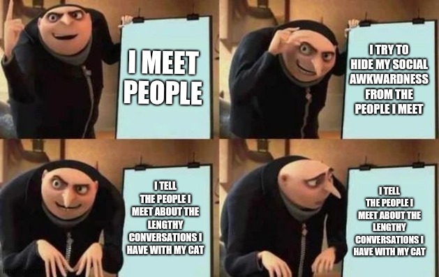 Me | I MEET PEOPLE; I TRY TO HIDE MY SOCIAL AWKWARDNESS FROM THE PEOPLE I MEET; I TELL THE PEOPLE I MEET ABOUT THE LENGTHY CONVERSATIONS I HAVE WITH MY CAT; I TELL THE PEOPLE I MEET ABOUT THE LENGTHY CONVERSATIONS I HAVE WITH MY CAT | image tagged in gru's plan,socially awkward,cats | made w/ Imgflip meme maker
