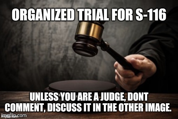NO COMMENTS OTHER THAN: Guilty, innocent, neutral, or killworthy. | ORGANIZED TRIAL FOR S-116; UNLESS YOU ARE A JUDGE, DONT COMMENT, DISCUSS IT IN THE OTHER IMAGE. | image tagged in court | made w/ Imgflip meme maker