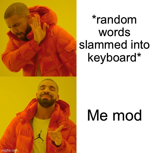 Me mod plez? | *random words slammed into keyboard*; Me mod | image tagged in memes,drake hotline bling | made w/ Imgflip meme maker