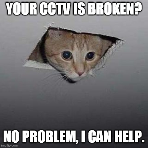 CCTV Cat | YOUR CCTV IS BROKEN? NO PROBLEM, I CAN HELP. | image tagged in memes,ceiling cat | made w/ Imgflip meme maker
