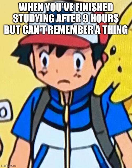 Ash makes the best faces in the anime | WHEN YOU’VE FINISHED STUDYING AFTER 9 HOURS BUT CAN’T REMEMBER A THING | image tagged in funny | made w/ Imgflip meme maker