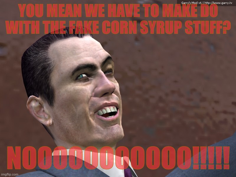 . | YOU MEAN WE HAVE TO MAKE DO WITH THE FAKE CORN SYRUP STUFF? NOOOOOOOOOOO!!!!! | image tagged in g-man from half-life | made w/ Imgflip meme maker