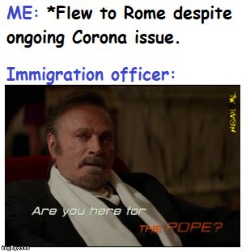 Flying to Rome | image tagged in rome,pope,immigration officer,corona,fly,covid-19 | made w/ Imgflip meme maker