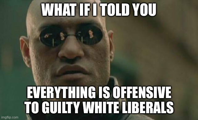 Guilty White Liberals are offended easily | WHAT IF I TOLD YOU; EVERYTHING IS OFFENSIVE TO GUILTY WHITE LIBERALS | image tagged in memes,matrix morpheus,white,offend,triggered liberal,feeling | made w/ Imgflip meme maker