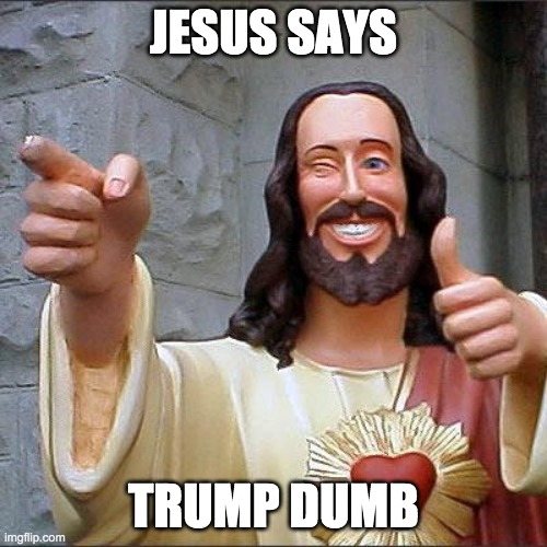 Buddy Christ Meme | JESUS SAYS; TRUMP DUMB | image tagged in memes,buddy christ | made w/ Imgflip meme maker