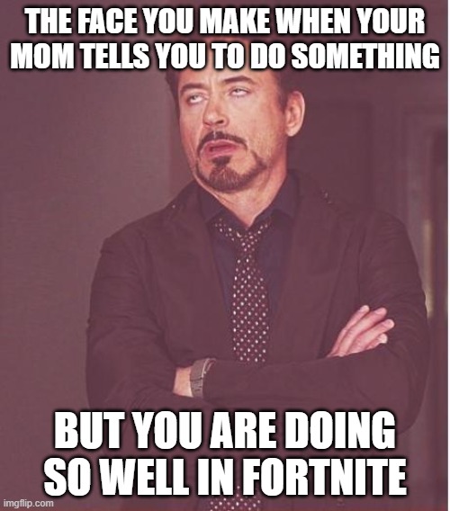 Face You Make Robert Downey Jr Meme | THE FACE YOU MAKE WHEN YOUR MOM TELLS YOU TO DO SOMETHING; BUT YOU ARE DOING SO WELL IN FORTNITE | image tagged in memes,face you make robert downey jr | made w/ Imgflip meme maker