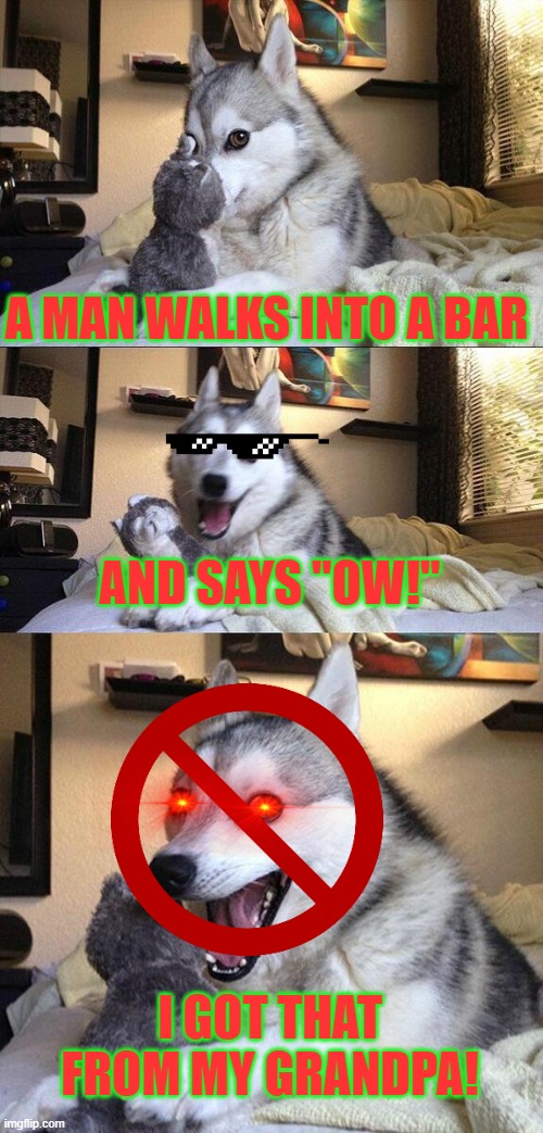 Bad Pun Dog Meme | A MAN WALKS INTO A BAR; AND SAYS "OW!"; I GOT THAT FROM MY GRANDPA! | image tagged in memes,bad pun dog | made w/ Imgflip meme maker