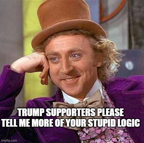 Creepy Condescending Wonka | TRUMP SUPPORTERS PLEASE TELL ME MORE OF YOUR STUPID LOGIC | image tagged in memes,creepy condescending wonka | made w/ Imgflip meme maker