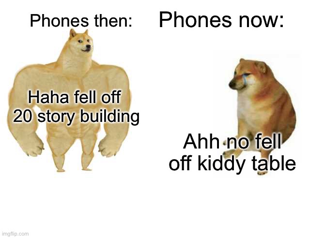 Phones | Phones then:; Phones now:; Haha fell off 
20 story building; Ahh no fell off kiddy table | image tagged in strong doge weak doge | made w/ Imgflip meme maker