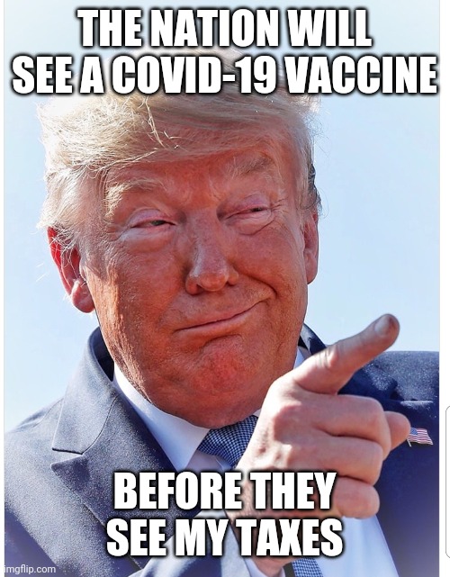 Trump pointing | THE NATION WILL SEE A COVID-19 VACCINE; BEFORE THEY SEE MY TAXES | image tagged in trump pointing | made w/ Imgflip meme maker