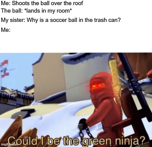this never happened... | Me: Shoots the ball over the roof; The ball: *lands in my room*; My sister: Why is a soccer ball in the trash can? Me: | image tagged in could i be the green ninja | made w/ Imgflip meme maker