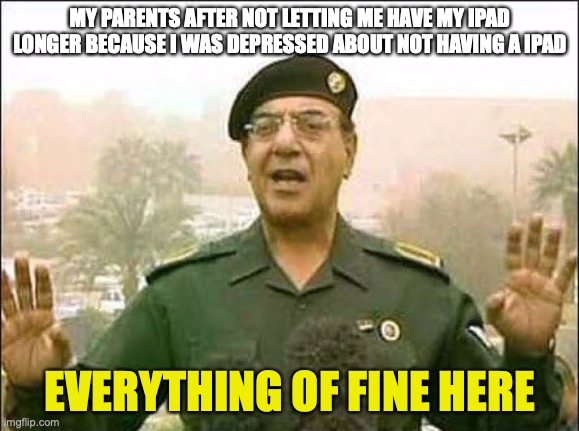 Everything is fine | MY PARENTS AFTER NOT LETTING ME HAVE MY IPAD LONGER BECAUSE I WAS DEPRESSED ABOUT NOT HAVING A IPAD; EVERYTHING OF FINE HERE | image tagged in everything is fine | made w/ Imgflip meme maker