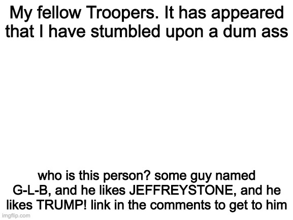 Blank White Template | My fellow Troopers. It has appeared that I have stumbled upon a dum ass; who is this person? some guy named G-L-B, and he likes JEFFREYSTONE, and he likes TRUMP! link in the comments to get to him | image tagged in blank white template | made w/ Imgflip meme maker