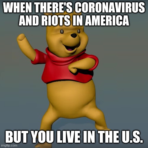 I wonder how far apart they are... | WHEN THERE'S CORONAVIRUS AND RIOTS IN AMERICA; BUT YOU LIVE IN THE U.S. | image tagged in winnie the pooh,coronavirus,riots | made w/ Imgflip meme maker