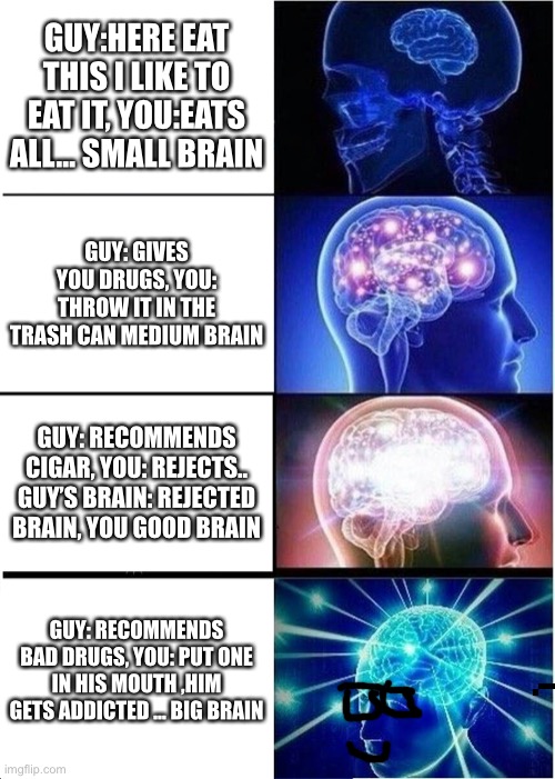 Trying to be big brain | GUY:HERE EAT THIS I LIKE TO EAT IT, YOU:EATS ALL... SMALL BRAIN; GUY: GIVES YOU DRUGS, YOU: THROW IT IN THE TRASH CAN MEDIUM BRAIN; GUY: RECOMMENDS CIGAR, YOU: REJECTS.. GUY’S BRAIN: REJECTED BRAIN, YOU GOOD BRAIN; GUY: RECOMMENDS BAD DRUGS, YOU: PUT ONE IN HIS MOUTH ,HIM GETS ADDICTED ... BIG BRAIN | image tagged in memes,expanding brain | made w/ Imgflip meme maker