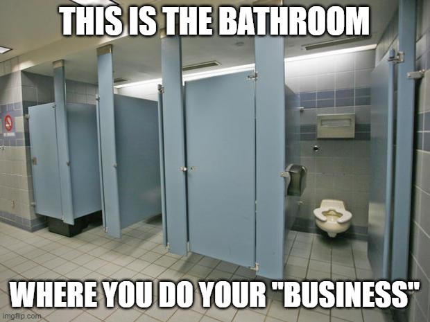 Bathroom stall | THIS IS THE BATHROOM; WHERE YOU DO YOUR "BUSINESS" | image tagged in bathroom stall | made w/ Imgflip meme maker