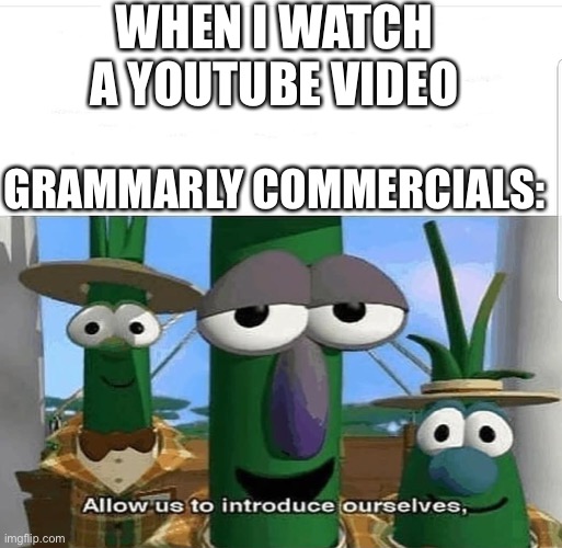 Allow us to introduce ourselves | WHEN I WATCH A YOUTUBE VIDEO; GRAMMARLY COMMERCIALS: | image tagged in allow us to introduce ourselves,memes,grammarly | made w/ Imgflip meme maker