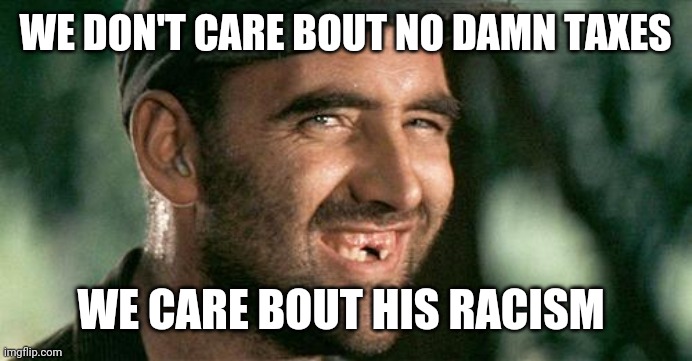 Deliverance HIllbilly | WE DON'T CARE BOUT NO DAMN TAXES WE CARE BOUT HIS RACISM | image tagged in deliverance hillbilly | made w/ Imgflip meme maker
