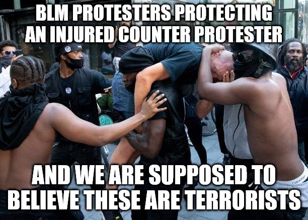 BLM Protest Heroes | BLM PROTESTERS PROTECTING AN INJURED COUNTER PROTESTER; AND WE ARE SUPPOSED TO BELIEVE THESE ARE TERRORISTS | image tagged in blm protest | made w/ Imgflip meme maker