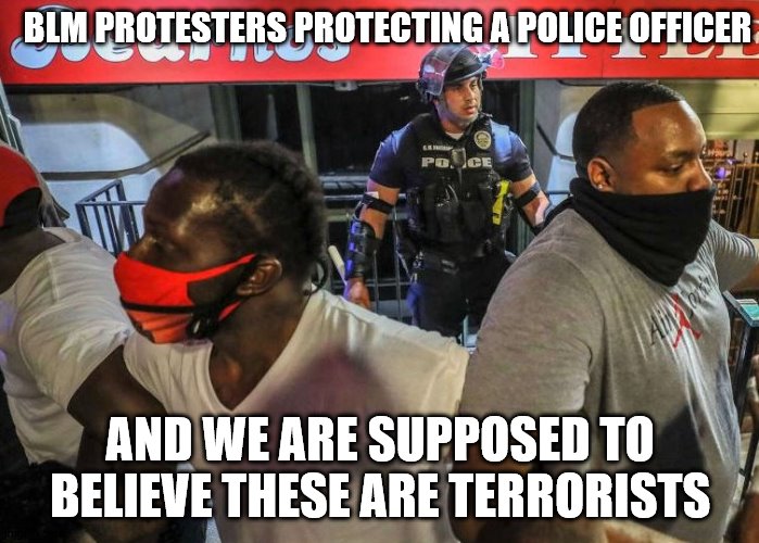 BLM Protest Terrorists | BLM PROTESTERS PROTECTING A POLICE OFFICER; AND WE ARE SUPPOSED TO BELIEVE THESE ARE TERRORISTS | image tagged in blm protest | made w/ Imgflip meme maker