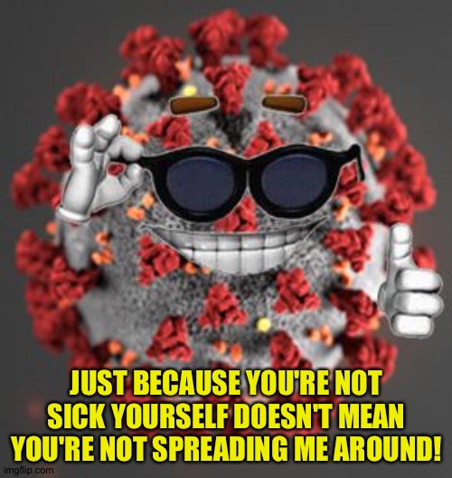 Coronavirus | JUST BECAUSE YOU'RE NOT SICK YOURSELF DOESN'T MEAN YOU'RE NOT SPREADING ME AROUND! | image tagged in coronavirus | made w/ Imgflip meme maker