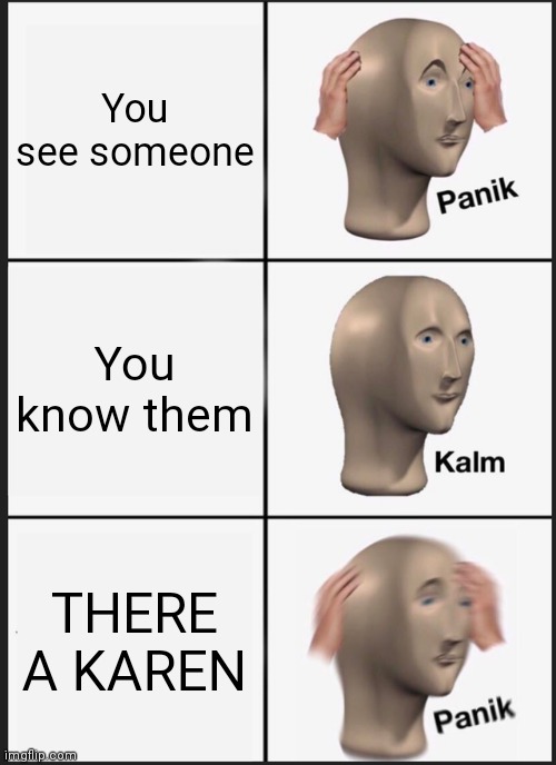 Panik Kalm Panik | You see someone; You know them; THERE A KAREN | image tagged in memes,panik kalm panik | made w/ Imgflip meme maker