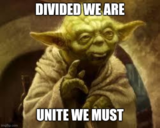 Unity love | DIVIDED WE ARE; UNITE WE MUST | image tagged in yoda | made w/ Imgflip meme maker