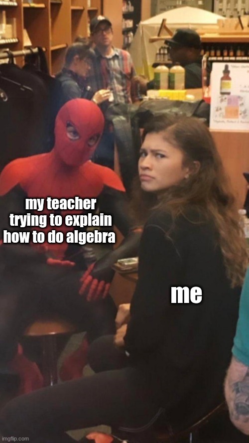 confused zendaya | my teacher trying to explain how to do algebra; me | image tagged in tom holland and zendaya behind the scenes,memes,confused | made w/ Imgflip meme maker