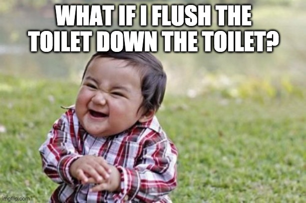 Evil Toddler Meme | WHAT IF I FLUSH THE TOILET DOWN THE TOILET? | image tagged in memes,evil toddler | made w/ Imgflip meme maker