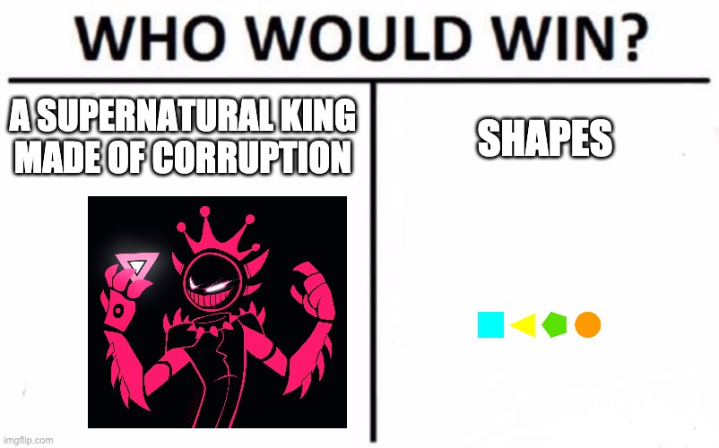 Who Would Win? | A SUPERNATURAL KING
MADE OF CORRUPTION; SHAPES | image tagged in memes,who would win | made w/ Imgflip meme maker