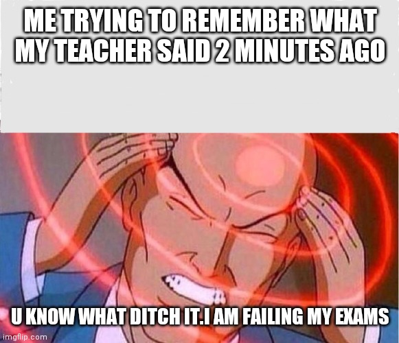 Me trying to remember | ME TRYING TO REMEMBER WHAT MY TEACHER SAID 2 MINUTES AGO; U KNOW WHAT DITCH IT.I AM FAILING MY EXAMS | image tagged in me trying to remember | made w/ Imgflip meme maker