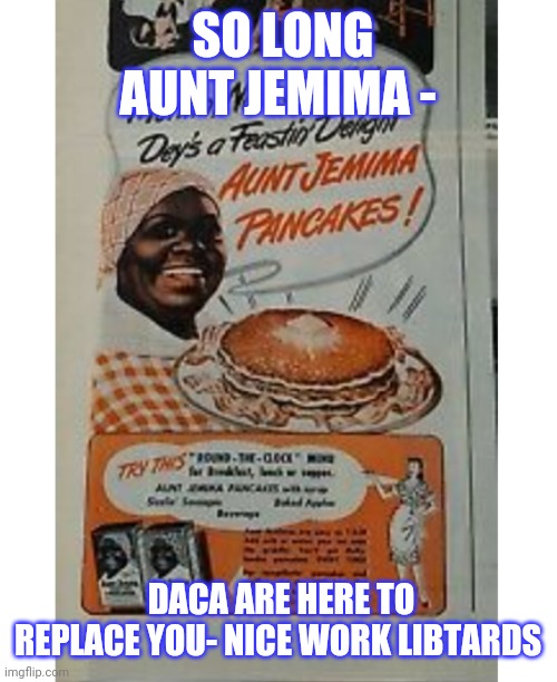 The genius of the left | SO LONG AUNT JEMIMA -; DACA ARE HERE TO REPLACE YOU- NICE WORK LIBTARDS | image tagged in aunt jemima,liberal logic,morons,stupid liberals,suck | made w/ Imgflip meme maker