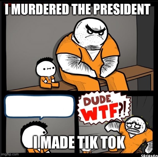 Ahh | I MURDERED THE PRESIDENT; I MADE TIK TOK | image tagged in srgrafo dude wtf | made w/ Imgflip meme maker