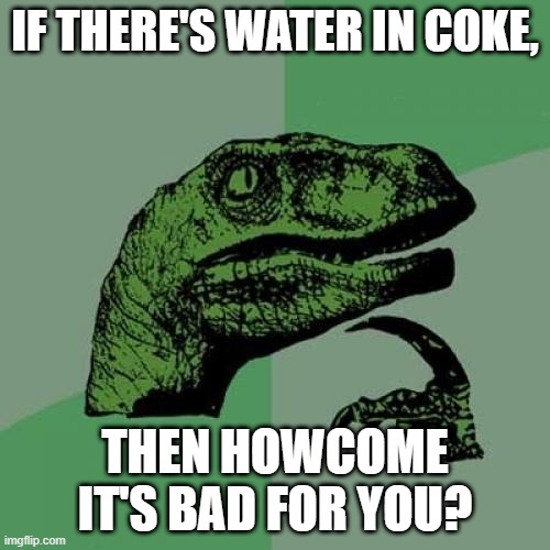 Water in coke | IF THERE'S WATER IN COKE, THEN HOWCOME IT'S BAD FOR YOU? | image tagged in memes,philosoraptor | made w/ Imgflip meme maker