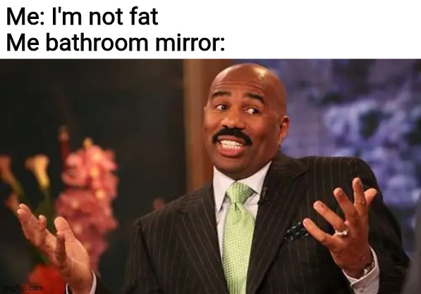 Steve Harvey Meme | Me: I'm not fat
Me bathroom mirror: | image tagged in memes,steve harvey,bathroom,mirror,fat | made w/ Imgflip meme maker