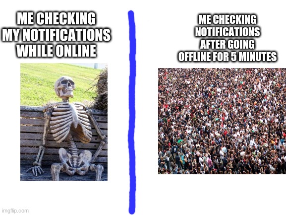 *SOB* | ME CHECKING NOTIFICATIONS AFTER GOING OFFLINE FOR 5 MINUTES; ME CHECKING MY NOTIFICATIONS WHILE ONLINE | image tagged in blank white template | made w/ Imgflip meme maker