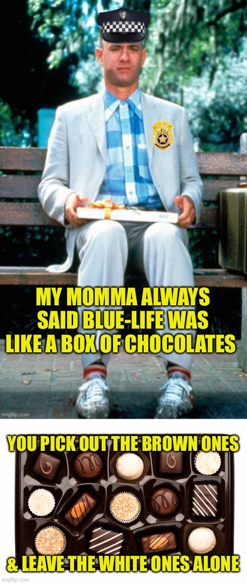 Life Matters | MY MOMMA ALWAYS SAID BLUE-LIFE WAS LIKE A BOX OF CHOCOLATES; YOU PICK OUT THE BROWN ONES; & LEAVE THE WHITE ONES ALONE | image tagged in police,all lives matter,black lives matter | made w/ Imgflip meme maker