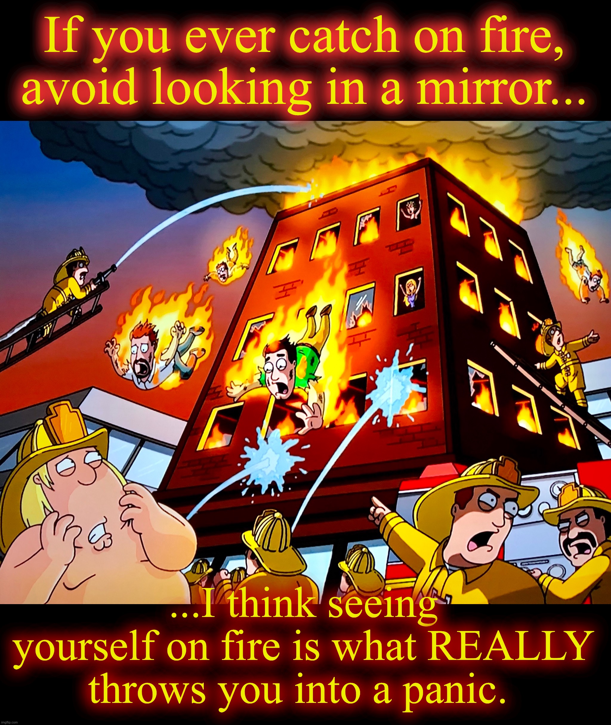 They didn’t listen | If you ever catch on fire, avoid looking in a mirror... ...I think seeing yourself on fire is what REALLY throws you into a panic. | image tagged in fire,memes,disaster,firefighter,burning man,panic | made w/ Imgflip meme maker