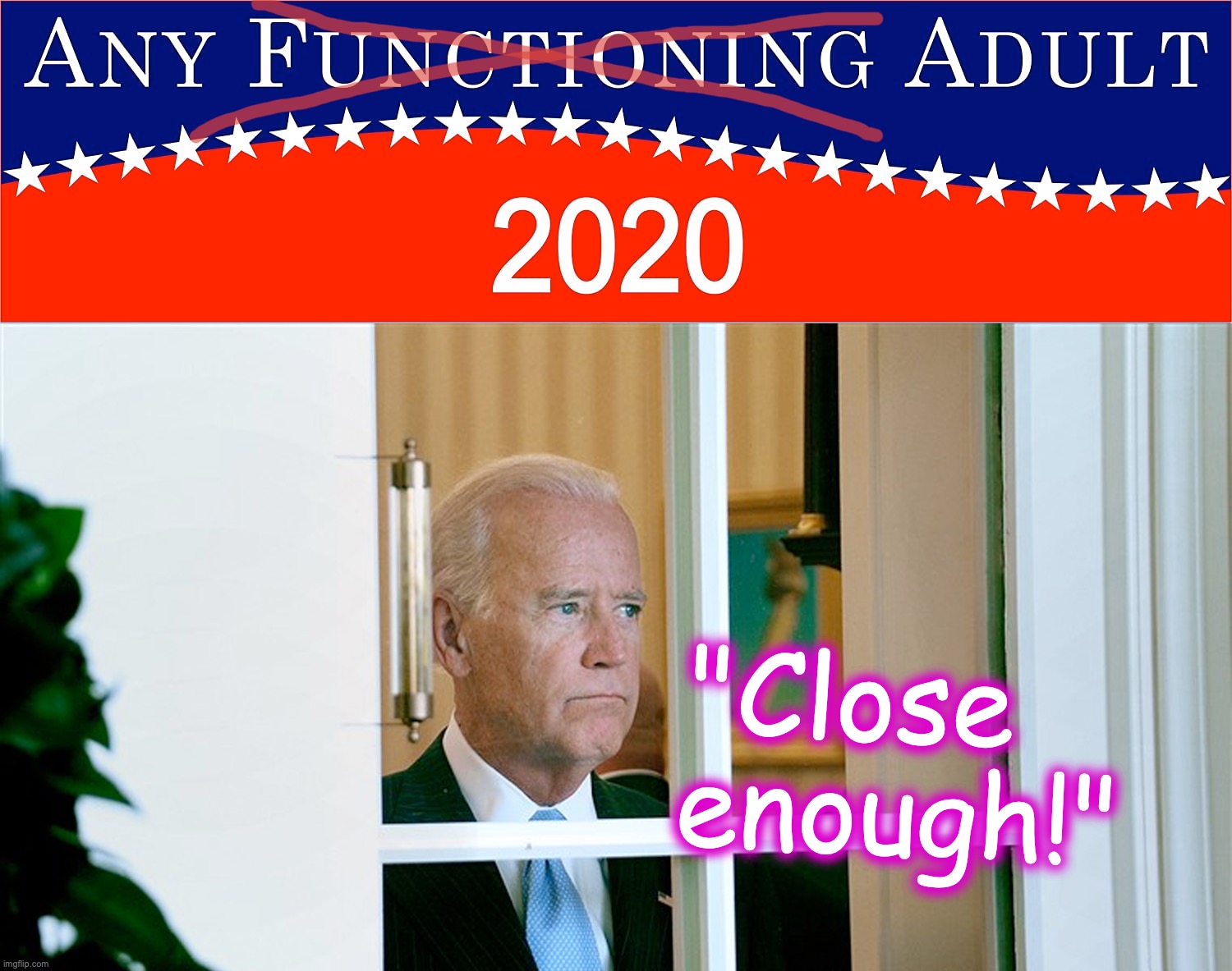 Well, maybe 'functioning' is overrated | "Close    enough!" | image tagged in joe biden | made w/ Imgflip meme maker