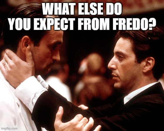 godfather fredo michael kiss of death | WHAT ELSE DO YOU EXPECT FROM FREDO? | image tagged in godfather fredo michael kiss of death | made w/ Imgflip meme maker