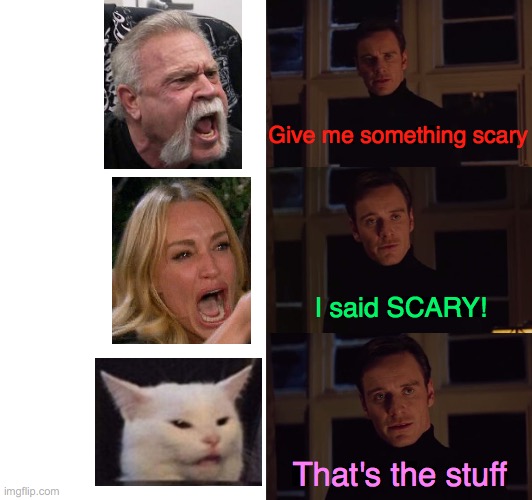 Scary Chopper Woman Cat | Give me something scary; I said SCARY! That's the stuff | image tagged in memes,perfection,american chopper argument,woman yelling at cat,smudge the cat,angry lady cat | made w/ Imgflip meme maker
