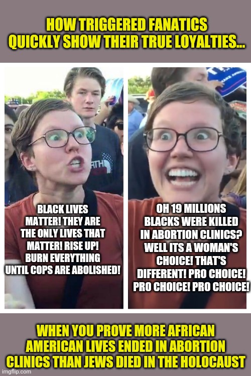Call me Mr Wackypants, but I am seeing some conflicting loyalties with the BLM movement. | HOW TRIGGERED FANATICS QUICKLY SHOW THEIR TRUE LOYALTIES... OH 19 MILLIONS BLACKS WERE KILLED IN ABORTION CLINICS? WELL ITS A WOMAN'S CHOICE! THAT'S DIFFERENT! PRO CHOICE! PRO CHOICE! PRO CHOICE! BLACK LIVES MATTER! THEY ARE THE ONLY LIVES THAT MATTER! RISE UP! BURN EVERYTHING UNTIL COPS ARE ABOLISHED! WHEN YOU PROVE MORE AFRICAN AMERICAN LIVES ENDED IN ABORTION CLINICS THAN JEWS DIED IN THE HOLOCAUST | image tagged in social justice warrior hypocrisy,blm,abortion | made w/ Imgflip meme maker