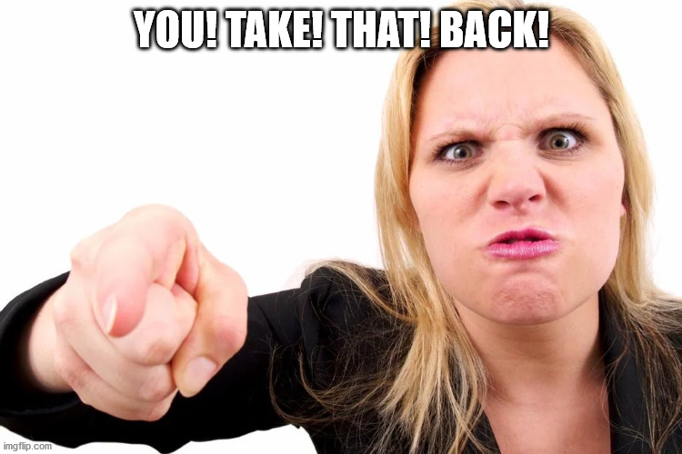 Offended woman | YOU! TAKE! THAT! BACK! | image tagged in offended woman | made w/ Imgflip meme maker