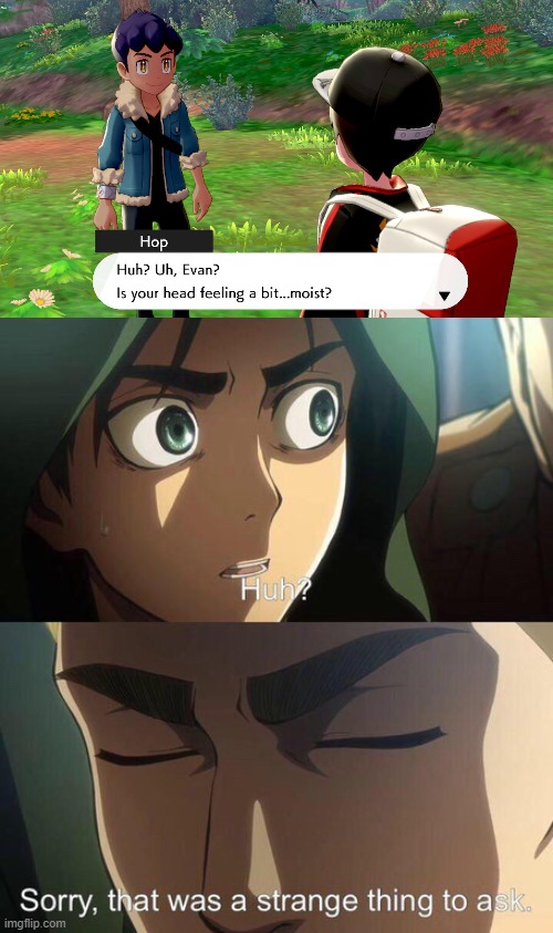 Strange question attack on titan | image tagged in strange question attack on titan,pokemon sword and shield,pokemon memes,nintendo switch | made w/ Imgflip meme maker