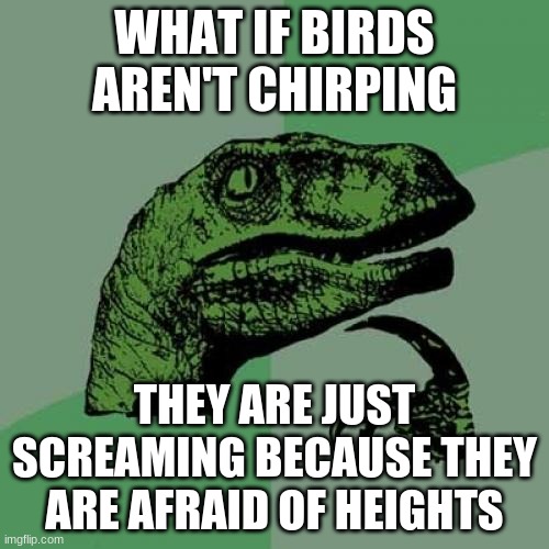 Philosoraptor | WHAT IF BIRDS AREN'T CHIRPING; THEY ARE JUST SCREAMING BECAUSE THEY ARE AFRAID OF HEIGHTS | image tagged in memes,philosoraptor | made w/ Imgflip meme maker