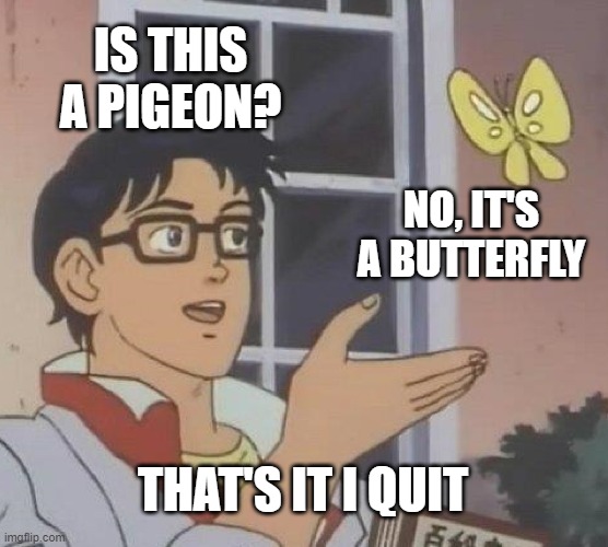 I Quit. | IS THIS A PIGEON? NO, IT'S A BUTTERFLY; THAT'S IT I QUIT | image tagged in memes,is this a pigeon | made w/ Imgflip meme maker